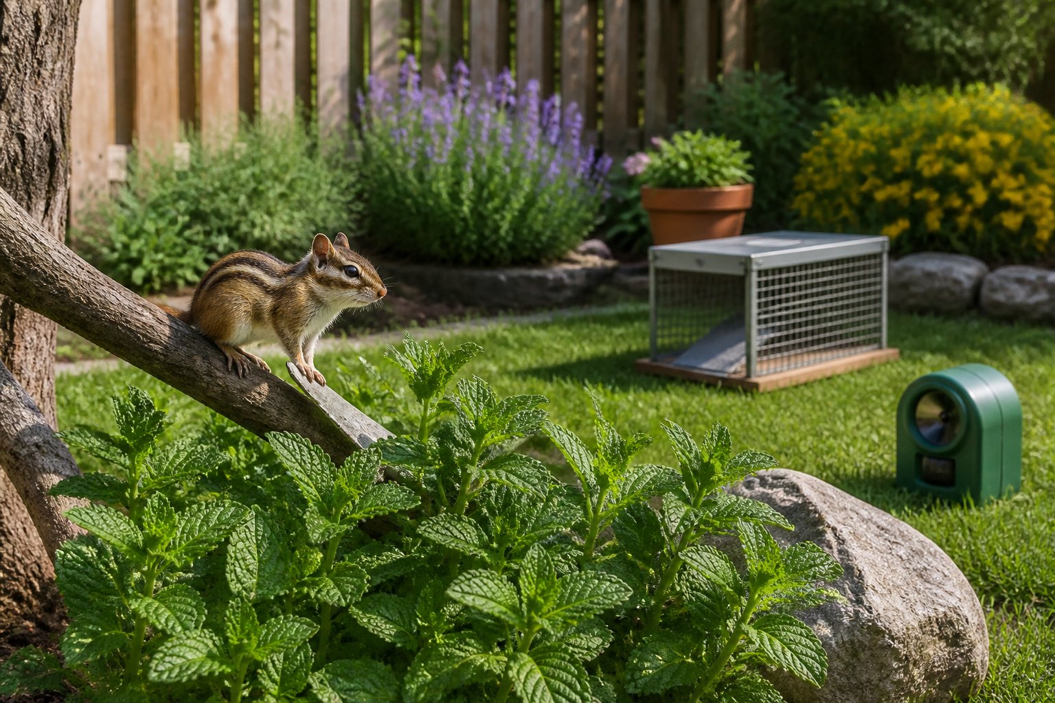 A chipmunk in a suburban garden near green plants and humane pest control devices.