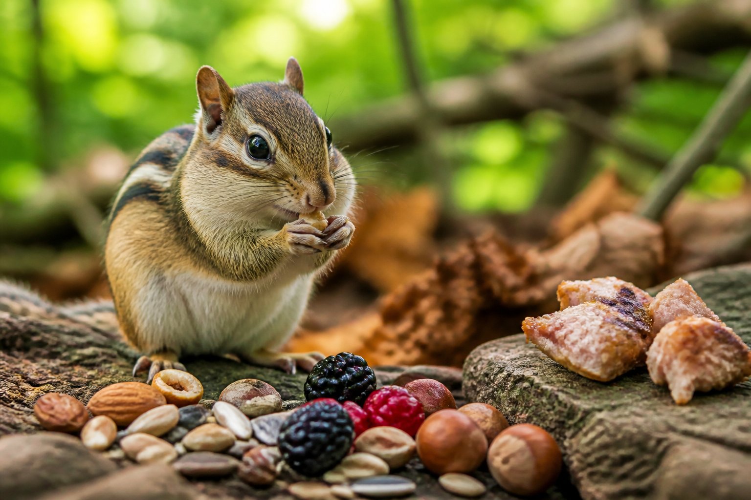 A chipmunk eating food on a tree branch in a forest with nuts, berries, and a small piece of meat nearby.