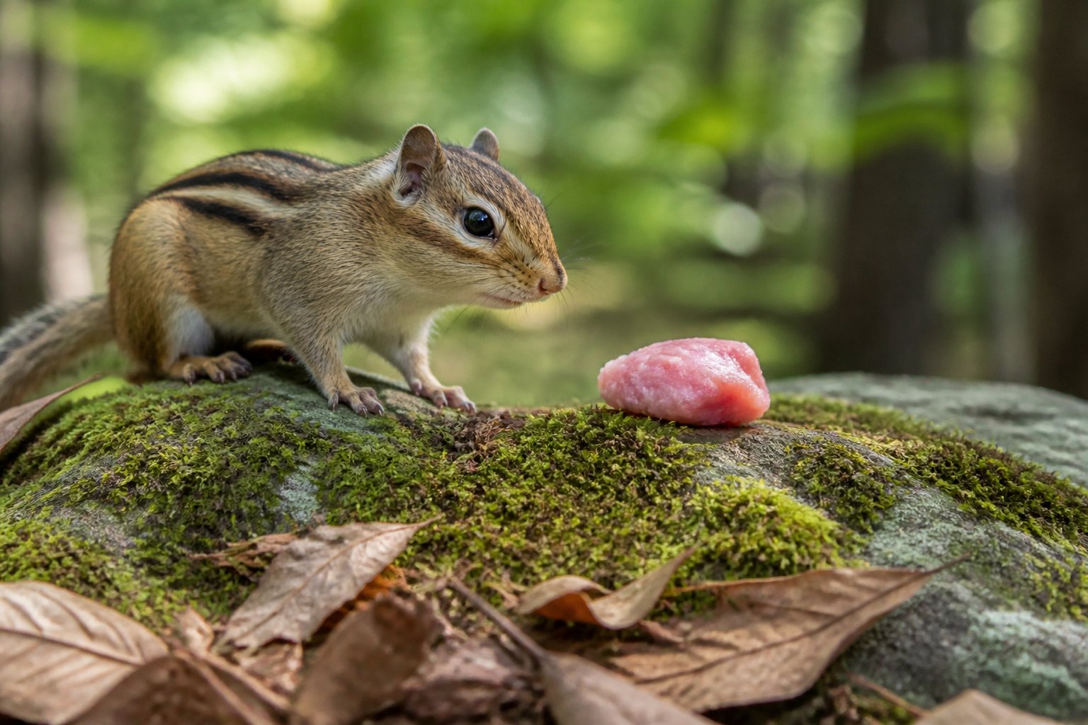 A chipmunk on a mossy rock looking at a small piece of raw meat in a forest setting with leaves and sunlight.