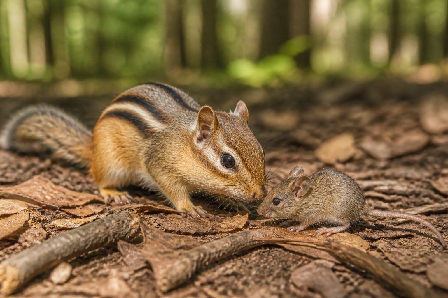 A chipmunk closely inspecting a small mouse on a forest floor covered with leaves and twigs.