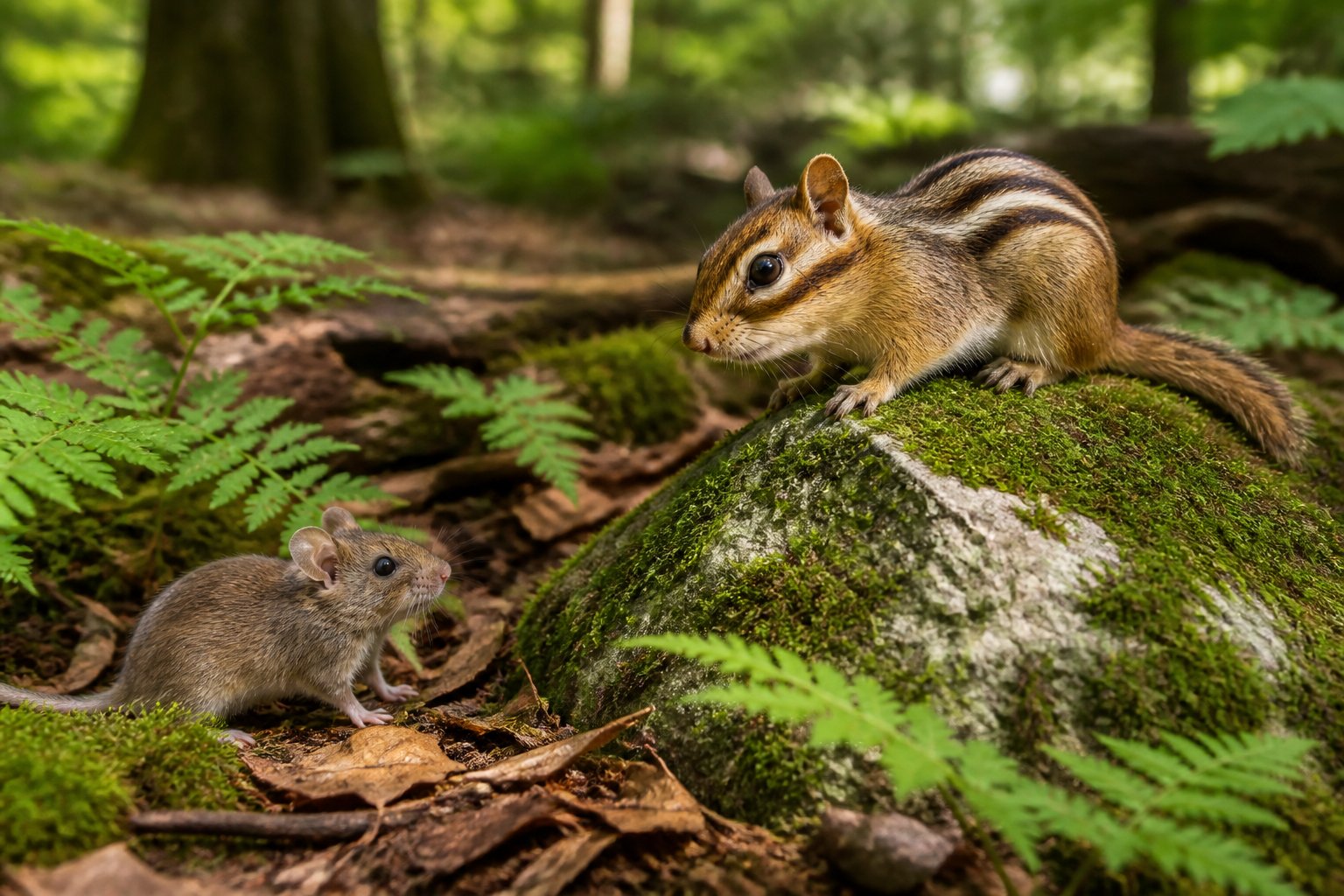 A chipmunk on a mossy rock looking at a small mouse on the forest floor surrounded by greenery.