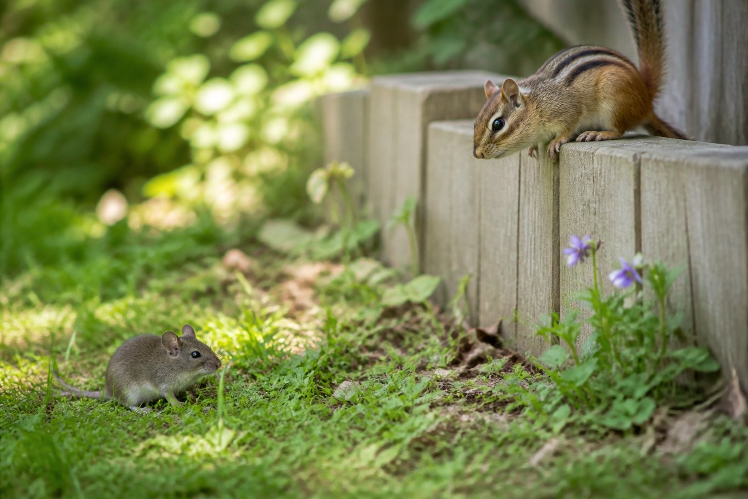A chipmunk on a wooden fence looking at a mouse on the grass in a green yard.