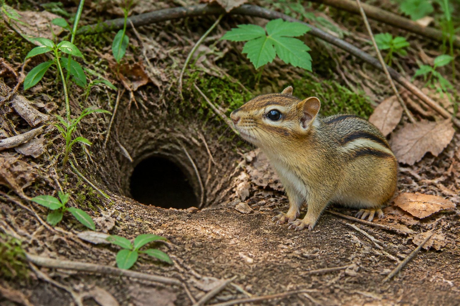 A chipmunk near the entrance of a burrow in a forest floor covered with leaves and plants.