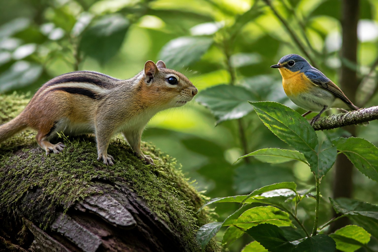 A chipmunk looking at a small bird on a branch in a forest.