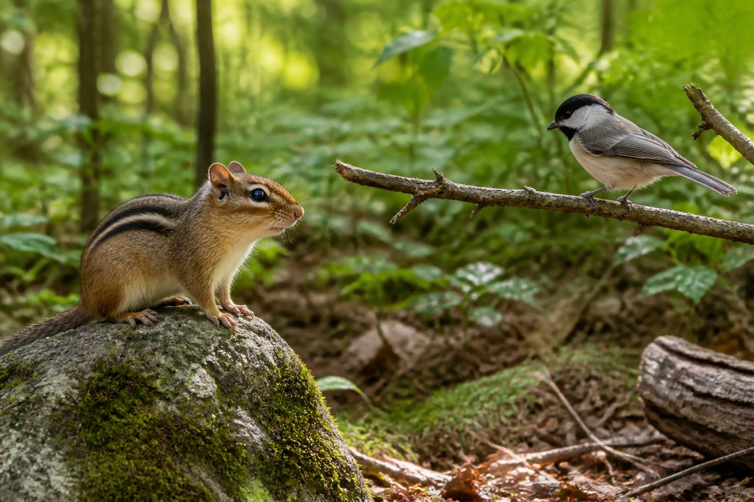 A chipmunk sitting on a rock looking at a small bird perched on a nearby branch in a forest.