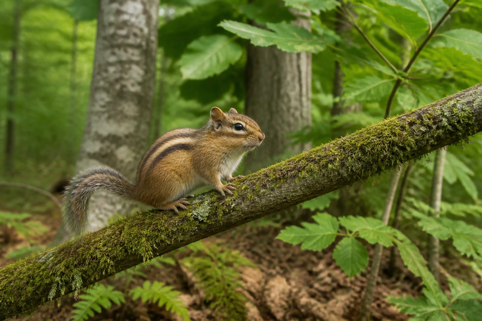 A small chipmunk-like rodent sitting on a mossy tree branch in a green British woodland.