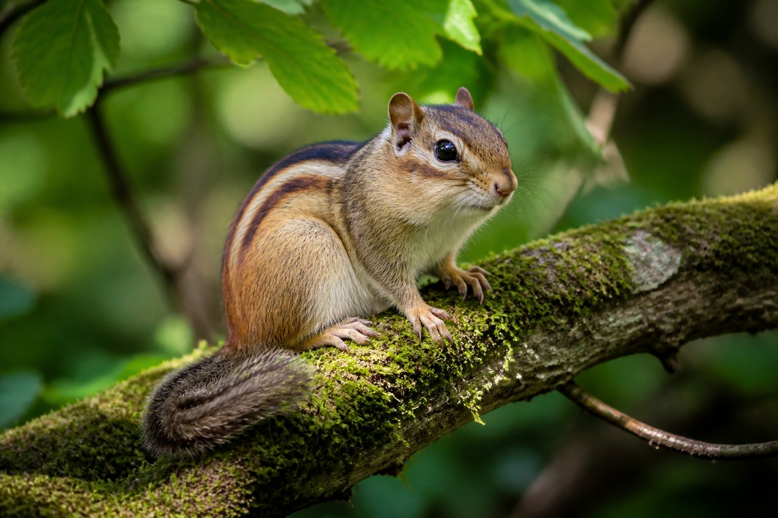 A small chipmunk sitting on a mossy tree branch in a green forest with sunlight filtering through the leaves.