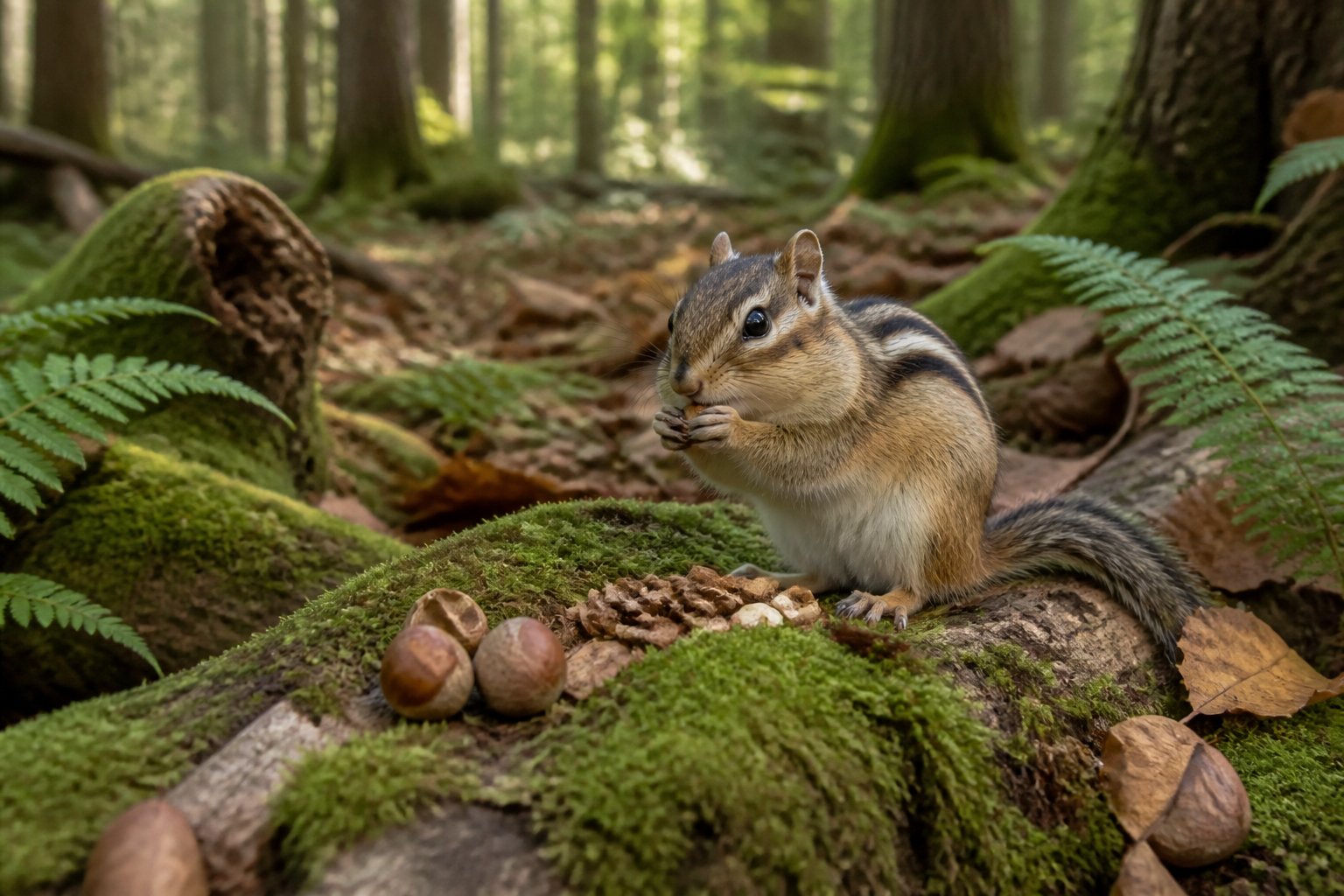 A chipmunk sitting on a mossy log in a forest surrounded by green plants and fallen leaves.