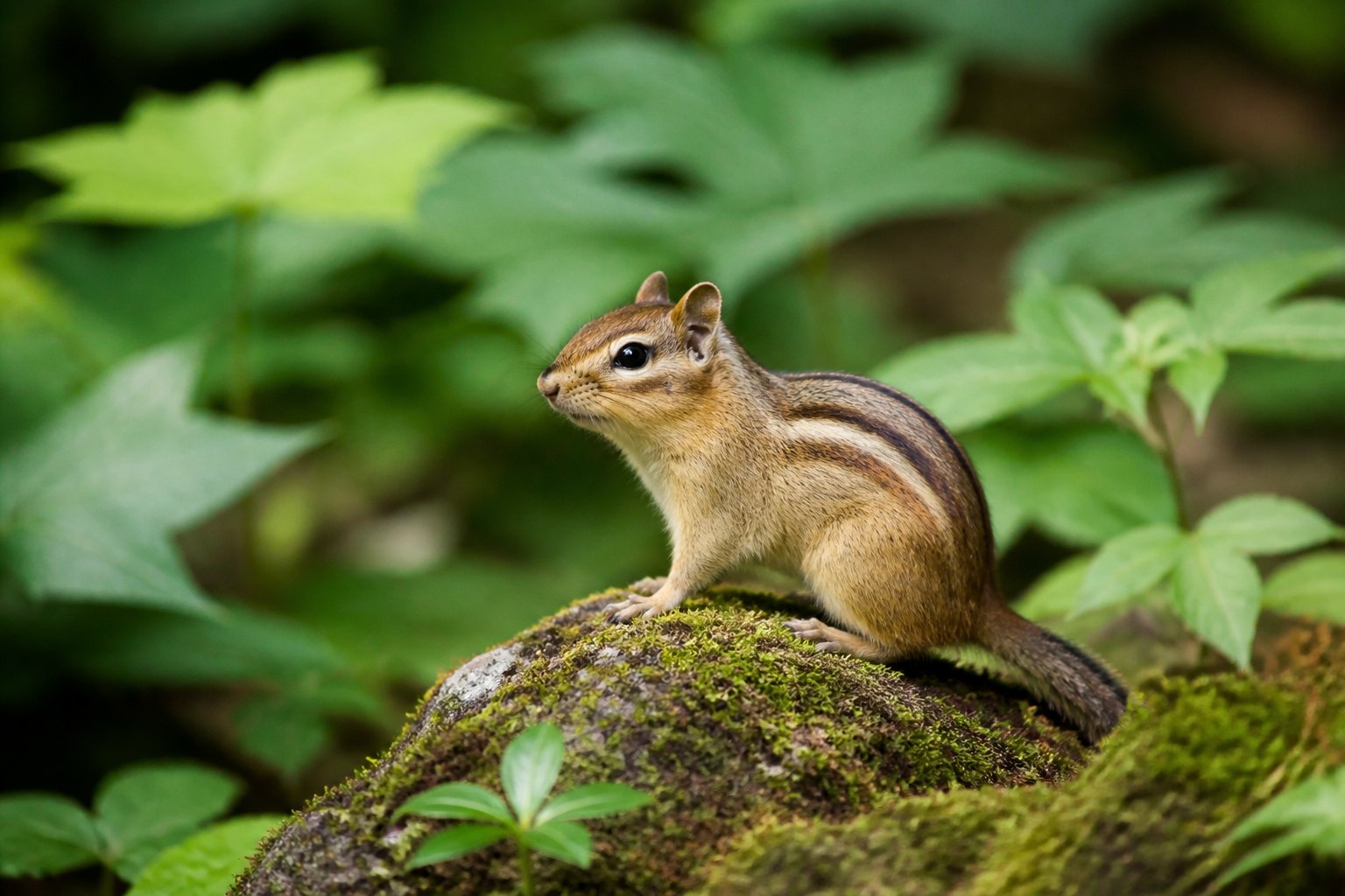 A small chipmunk sitting on a mossy rock in a green woodland setting.