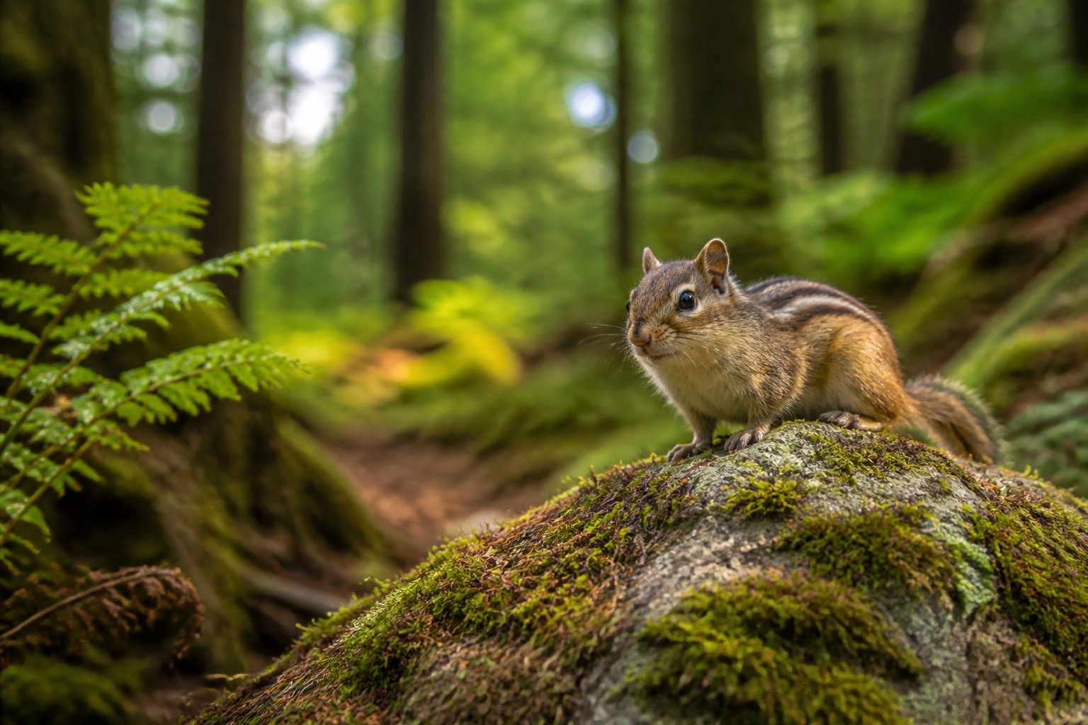A chipmunk sitting on a mossy rock in a green forest with trees and plants around it.
