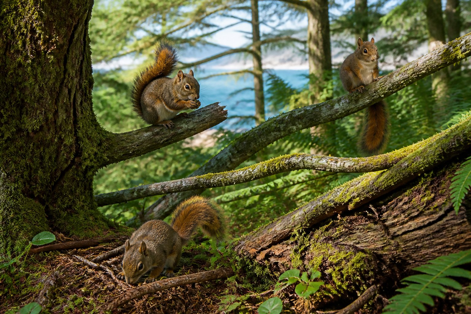 Small reddish-brown squirrels in a green forest with moss-covered trees and ferns on Vancouver Island.