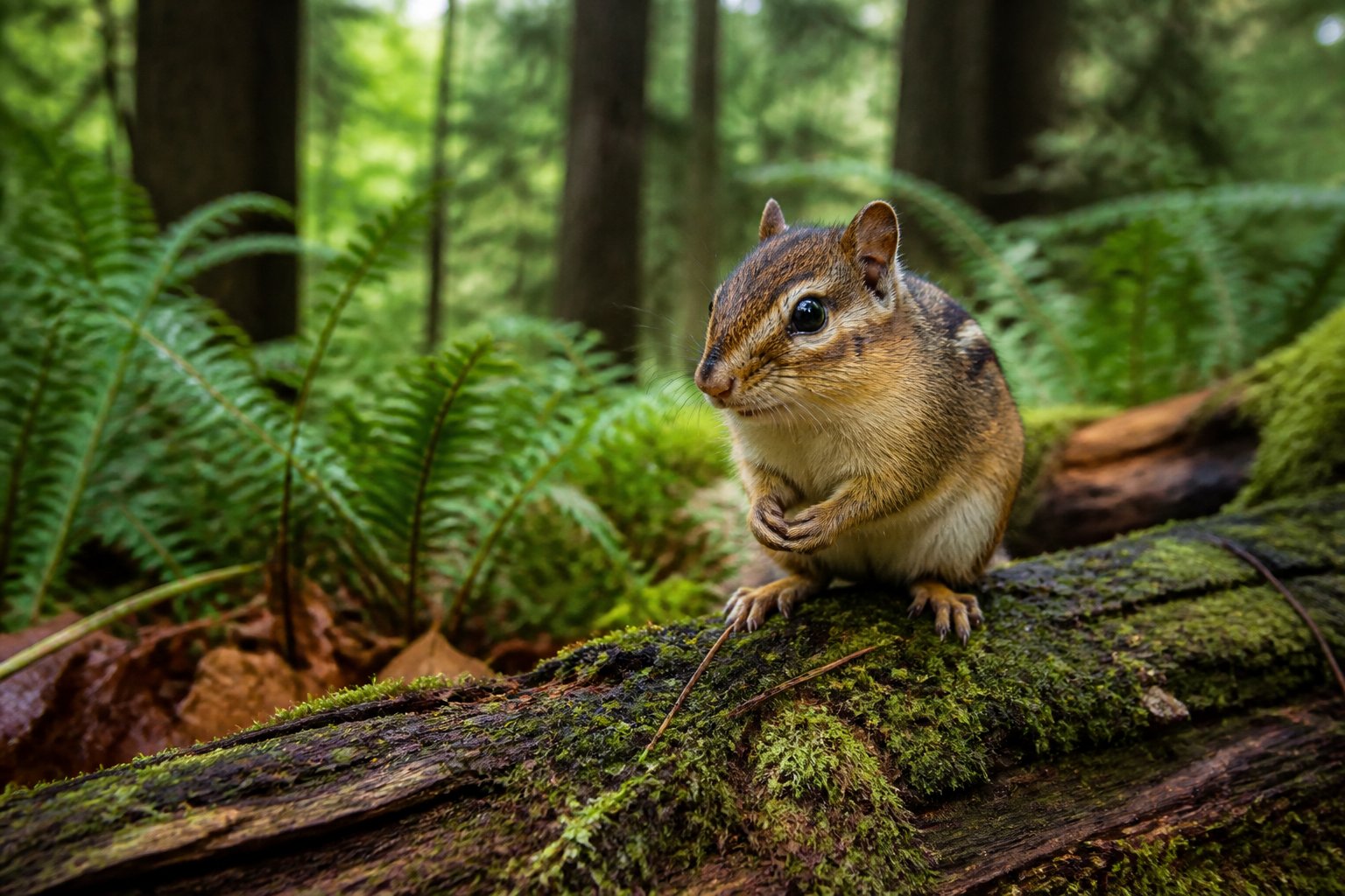 A chipmunk sitting on a mossy log in a green forest with trees and plants around it.