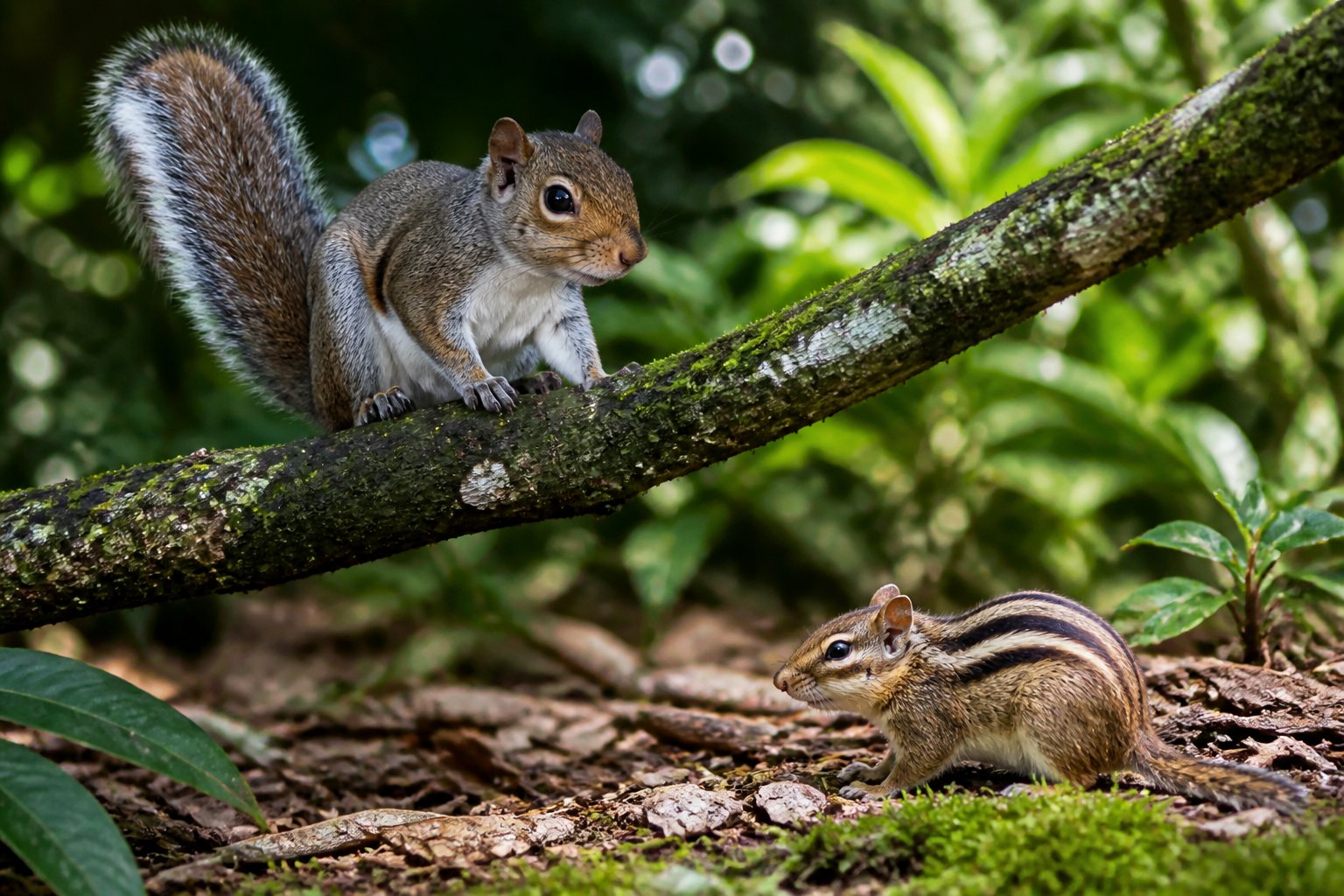 A squirrel on a tree branch and a chipmunk on the ground in a lush tropical forest setting.