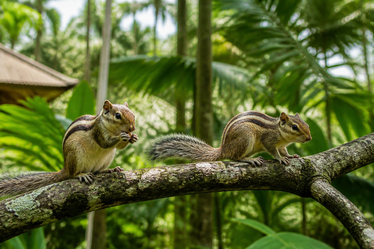 Small mammals resembling chipmunks or squirrels in a tropical forest setting with green foliage and trees.