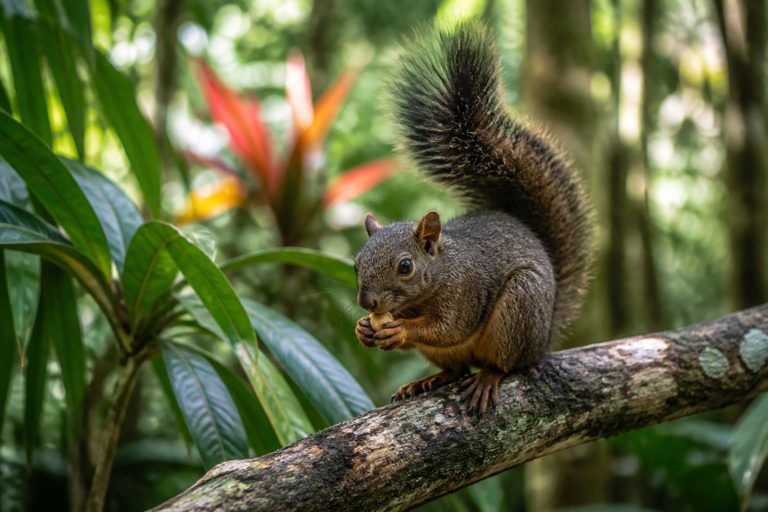 A squirrel sitting on a tree branch in a tropical forest surrounded by green leaves.