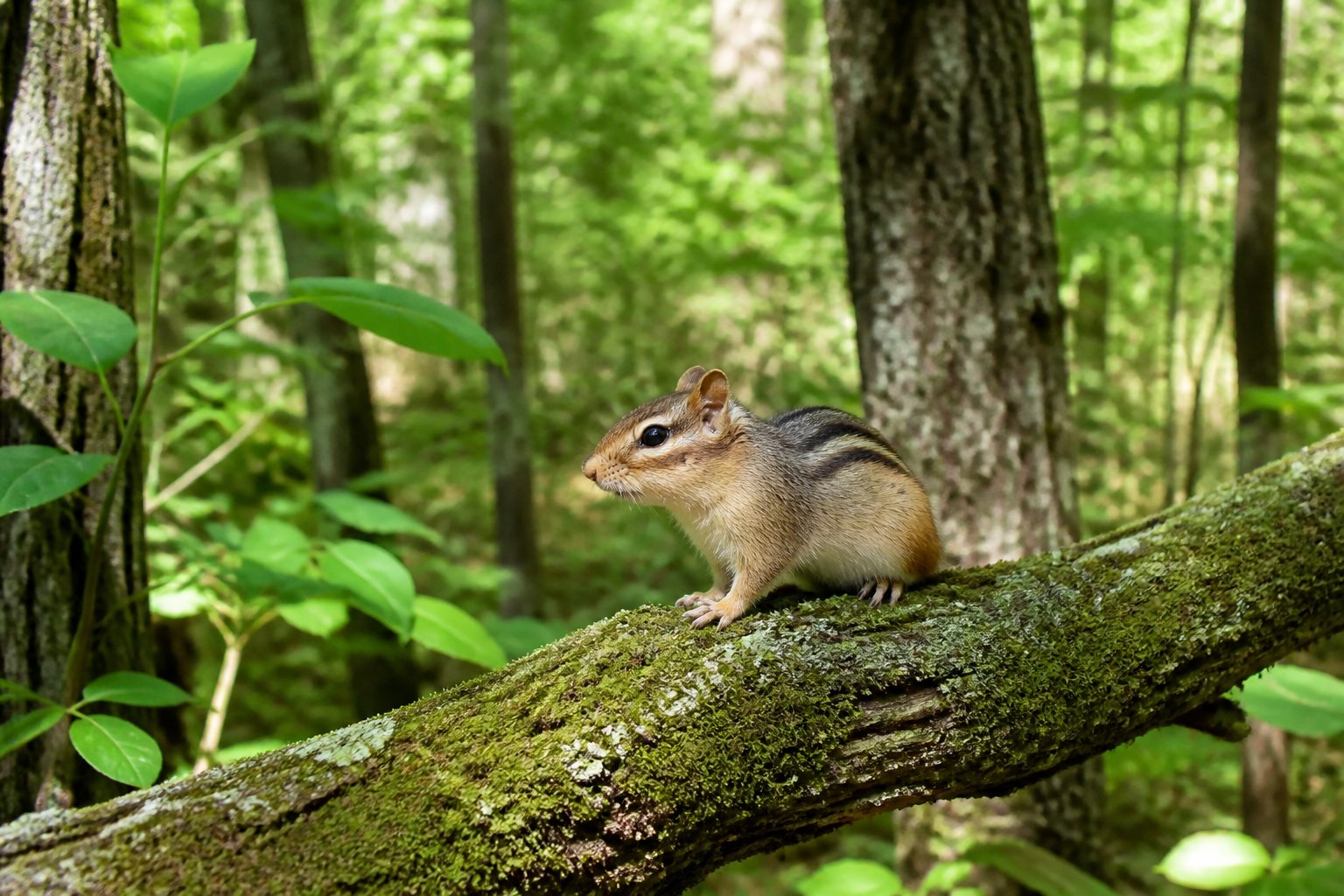 A chipmunk sitting on a tree branch in a green forest in South Carolina.