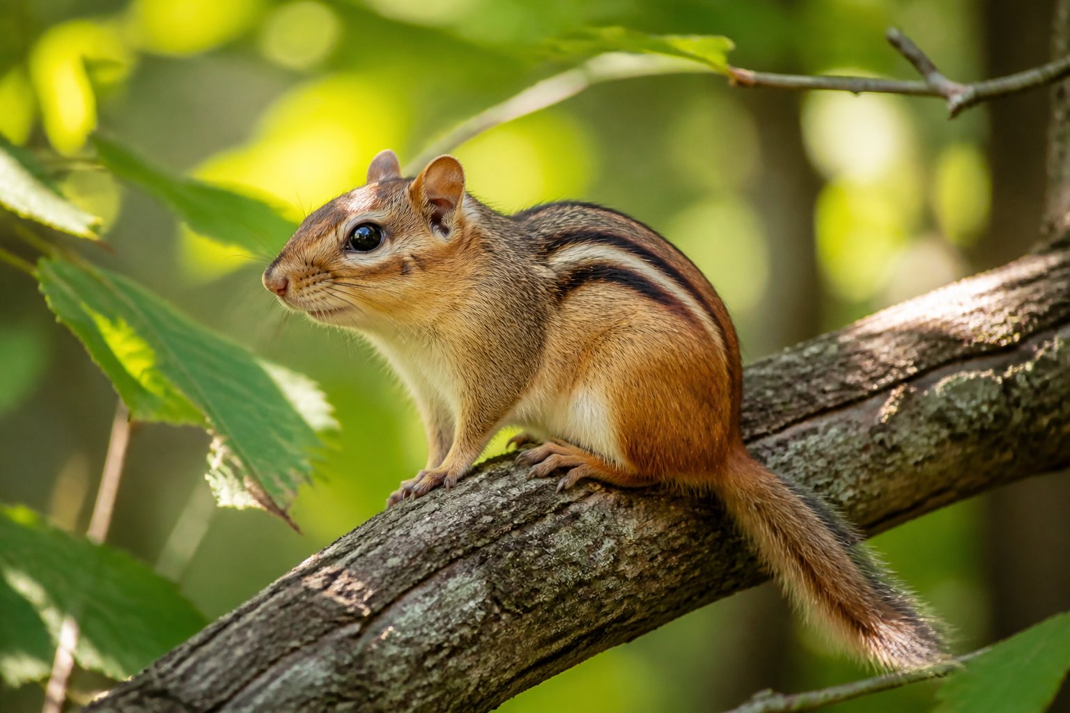 A chipmunk sitting on a tree branch surrounded by green leaves in a forest.