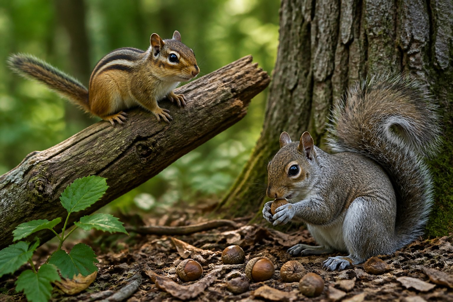 A chipmunk and a squirrel in a forest setting, showing their different sizes and fur patterns.