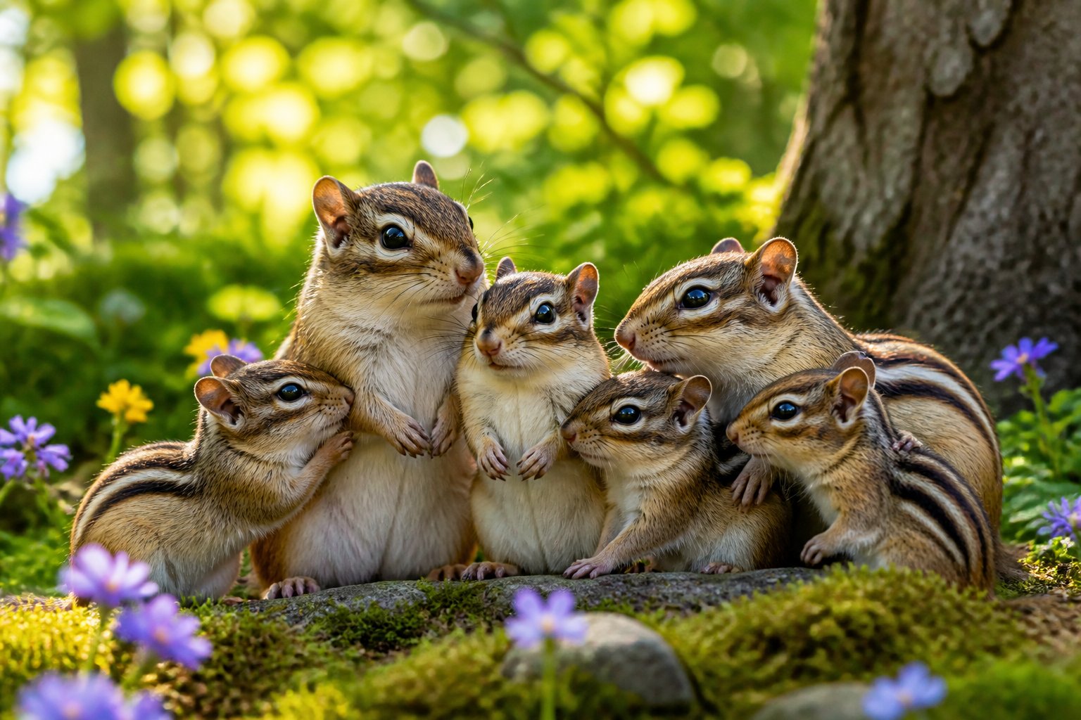 A group of chipmunks playing together in a sunlit forest clearing surrounded by greenery and wildflowers.