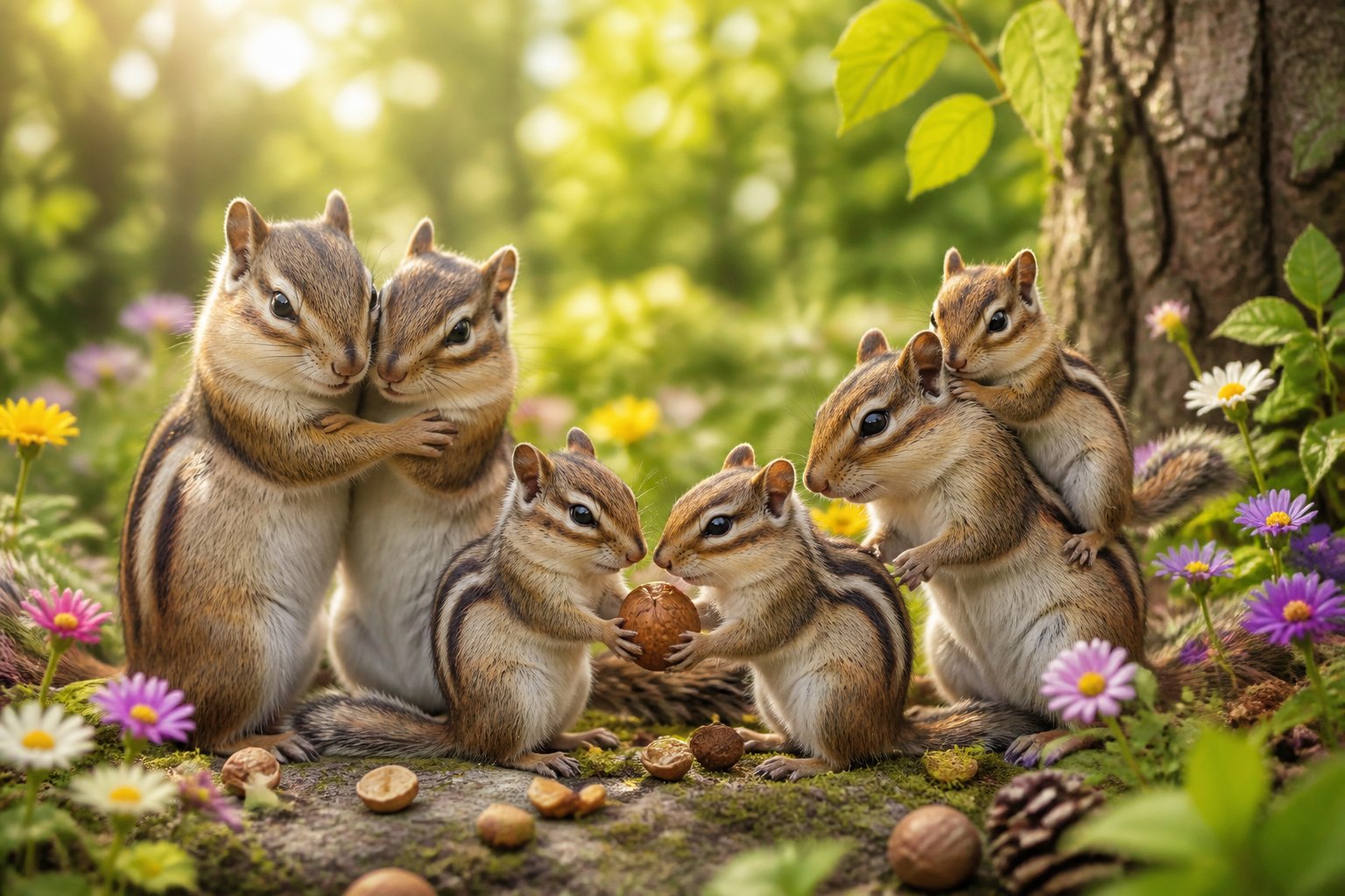 A family of chipmunks playing and hugging together in a sunlit forest clearing surrounded by trees and flowers.