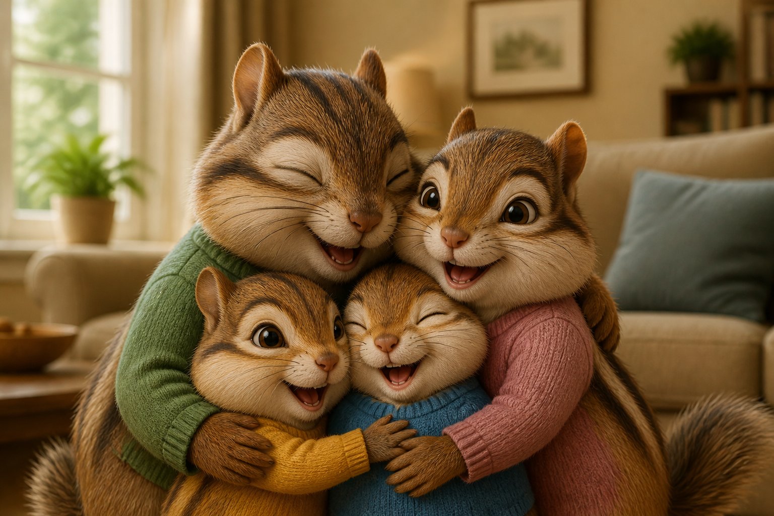 A group of chipmunks hugging each other happily in a cozy living room.