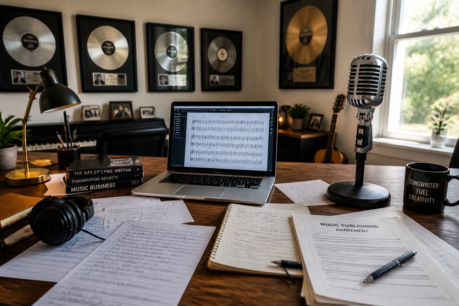 A workspace with lyric sheets, a laptop, a microphone, headphones, and music awards on the wall.