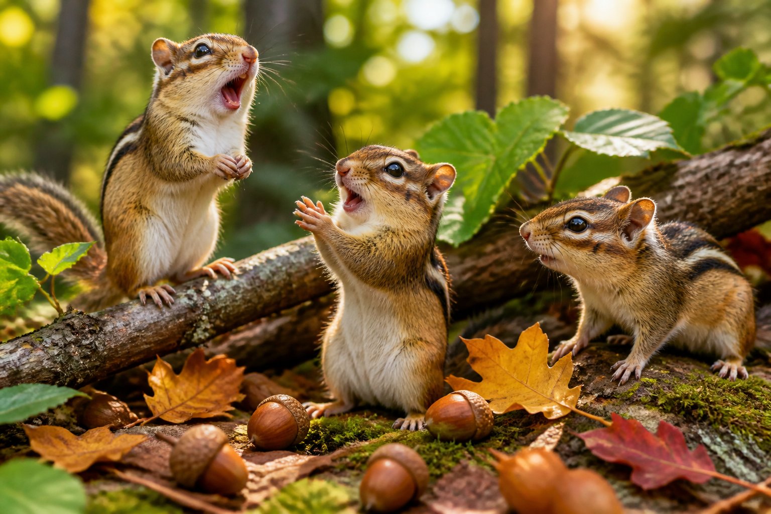 Three chipmunks playing and interacting in a forest with green leaves and sunlight filtering through the trees.