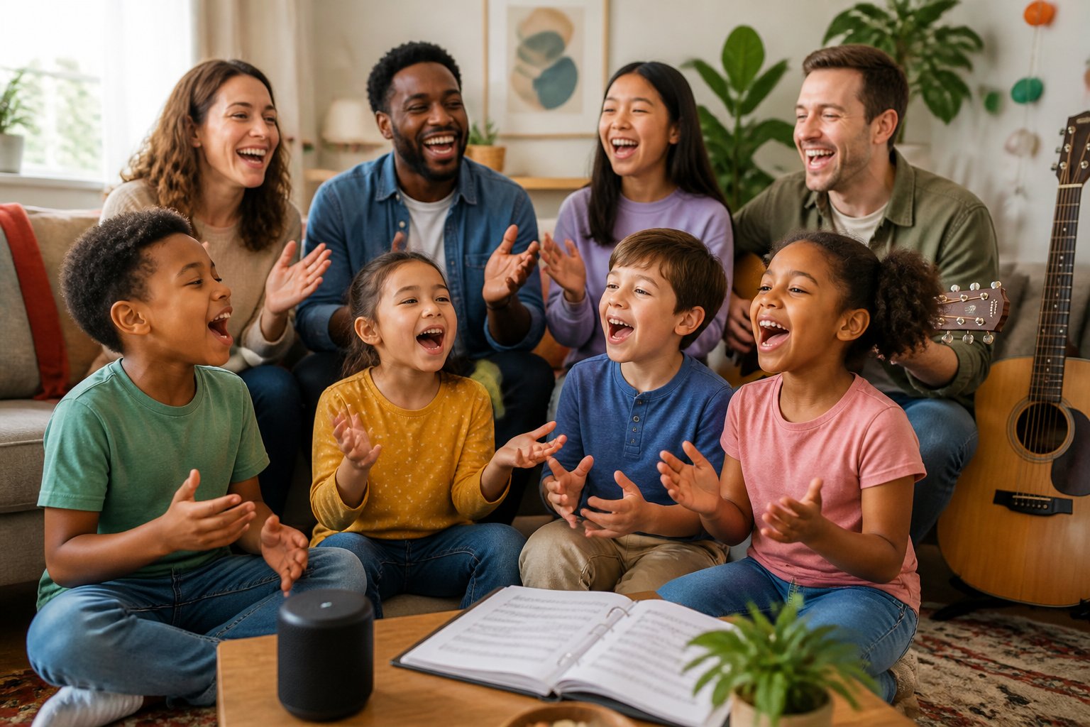 A group of people happily singing together in a cozy living room with musical instruments and warm daylight.