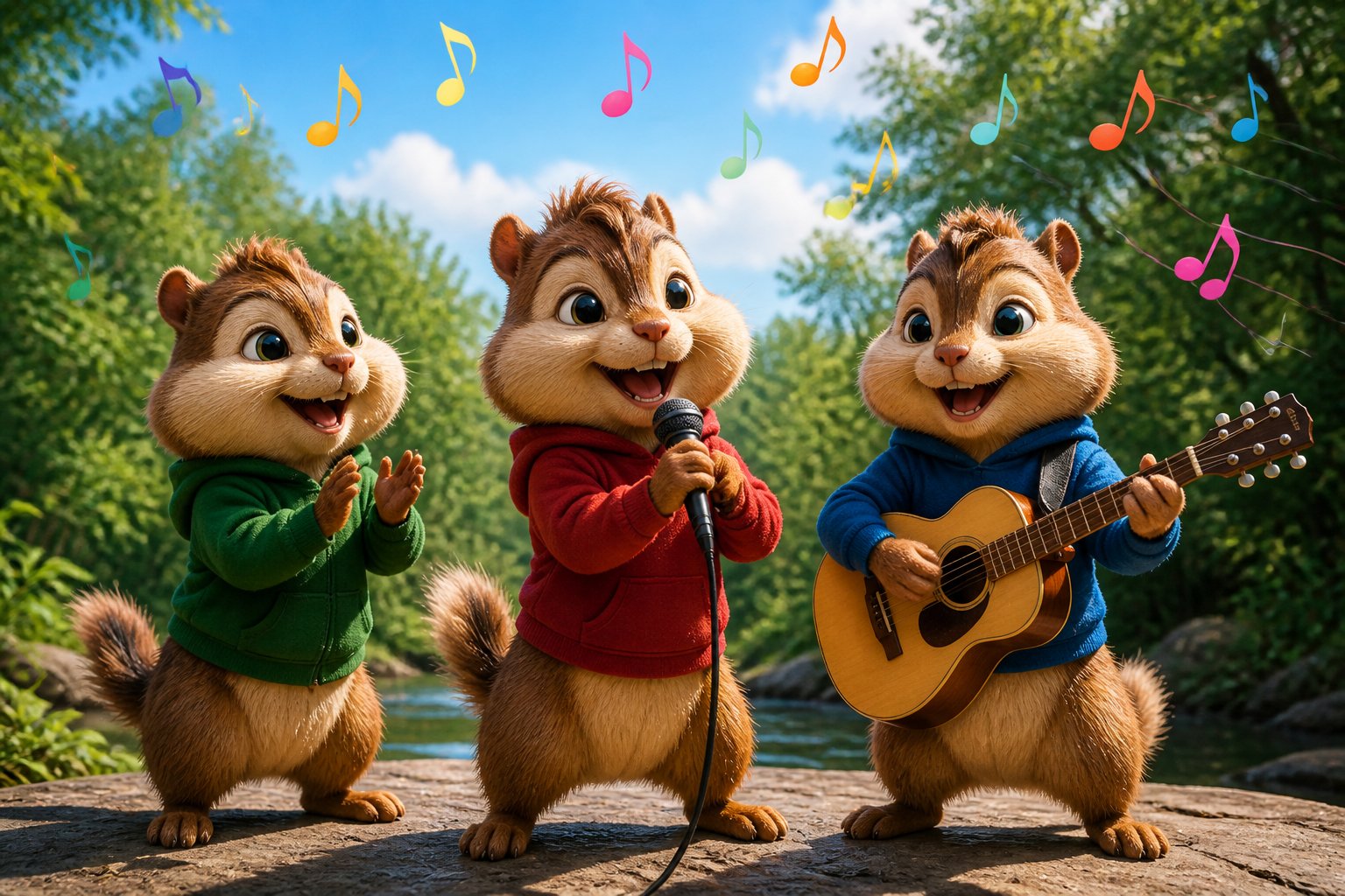 Three cheerful chipmunks outdoors, one singing into a microphone, another playing guitar, and the third clapping, surrounded by trees and a clear sky.