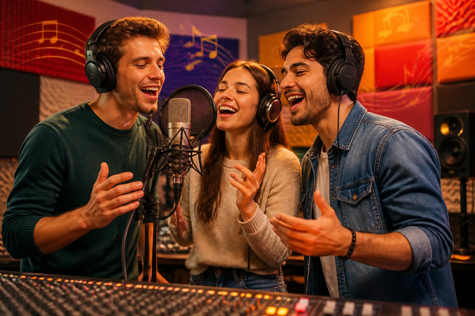 Three young adults singing together happily in a modern recording studio surrounded by microphones and sound equipment.
