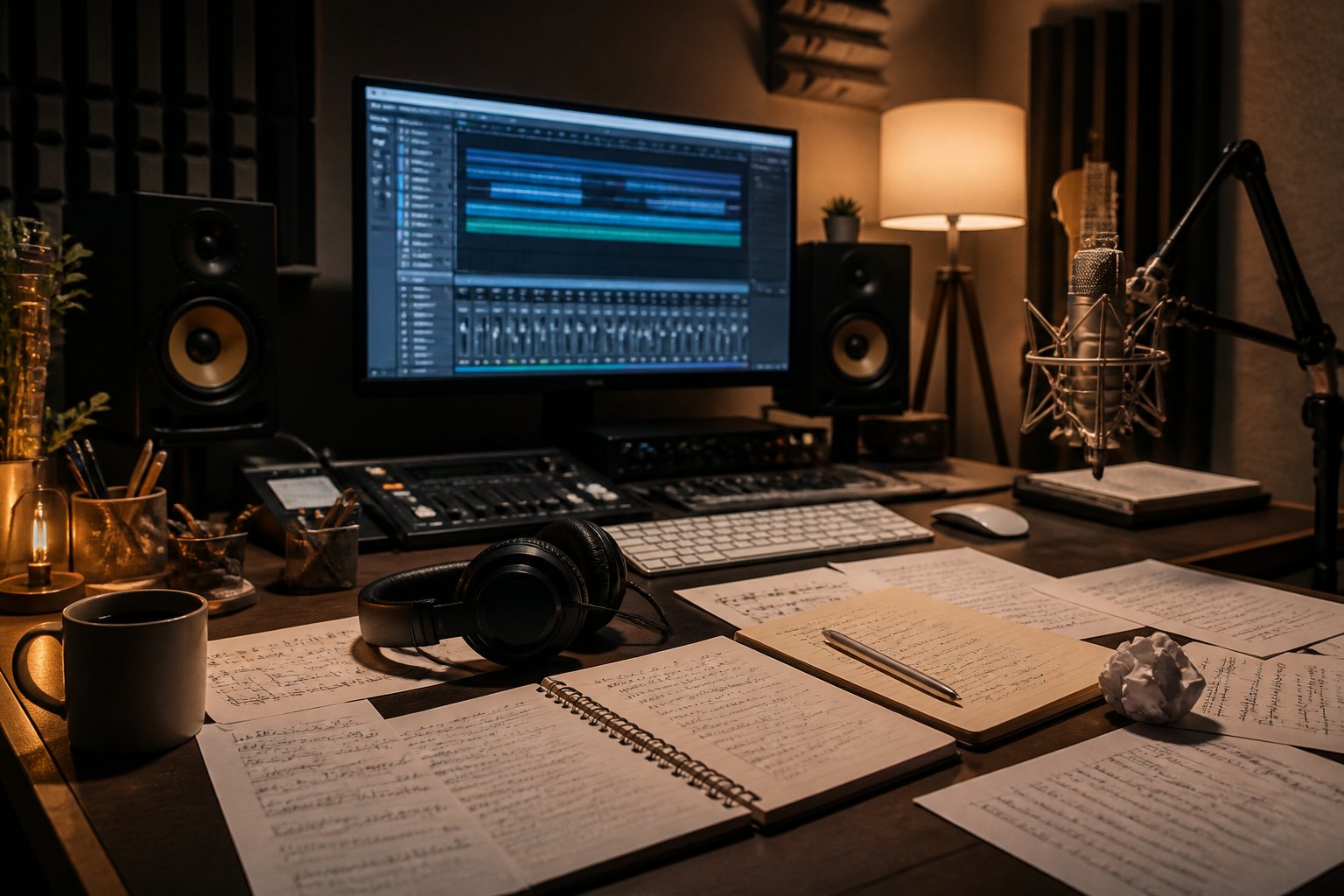 A music recording studio workspace with a computer, headphones, microphone, and handwritten song lyrics on paper.