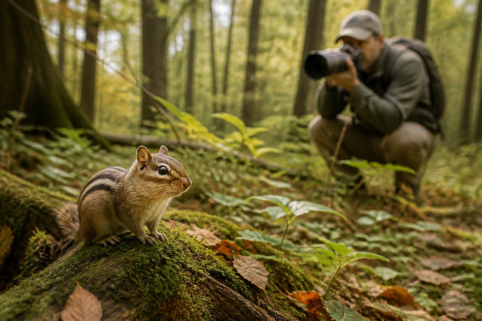 A chipmunk on a mossy log in a forest with a person observing it from a distance holding a camera.