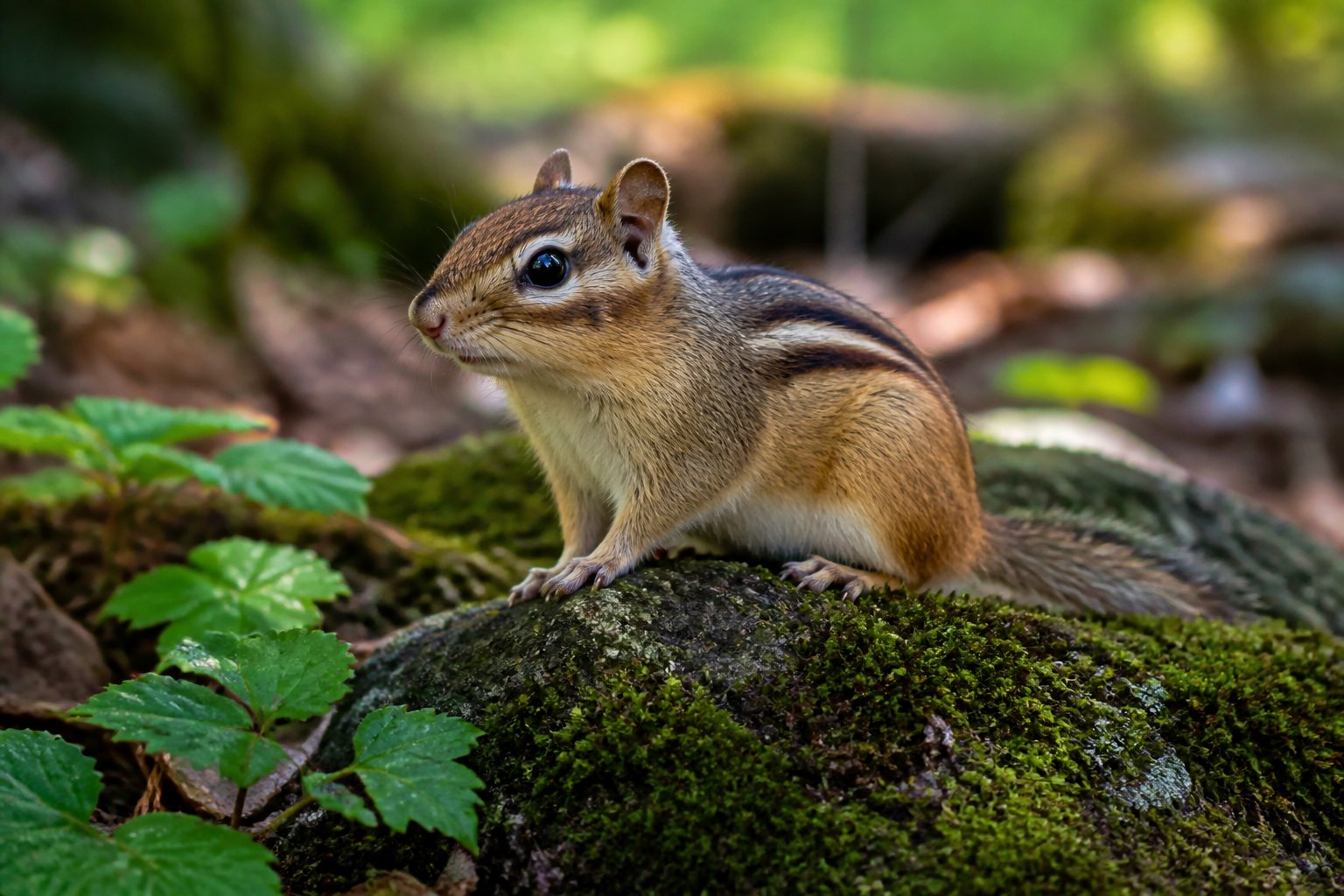 A chipmunk sitting on a mossy rock in a forest with green leaves and sunlight filtering through the trees.