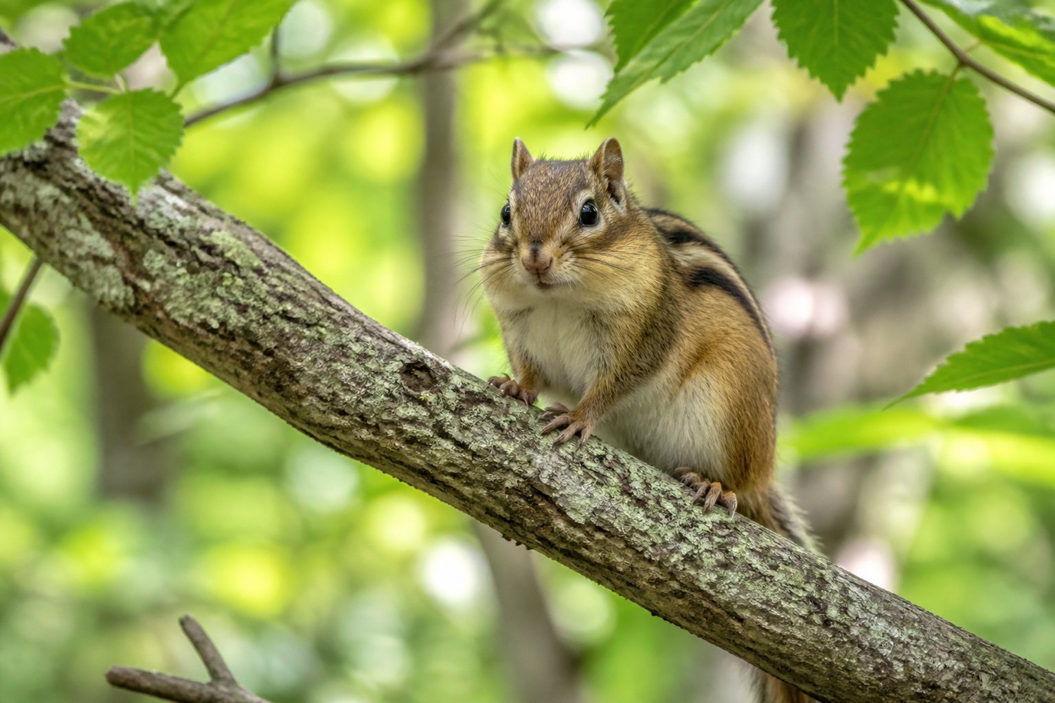 A chipmunk sitting on a tree branch in a forest with green leaves and sunlight.