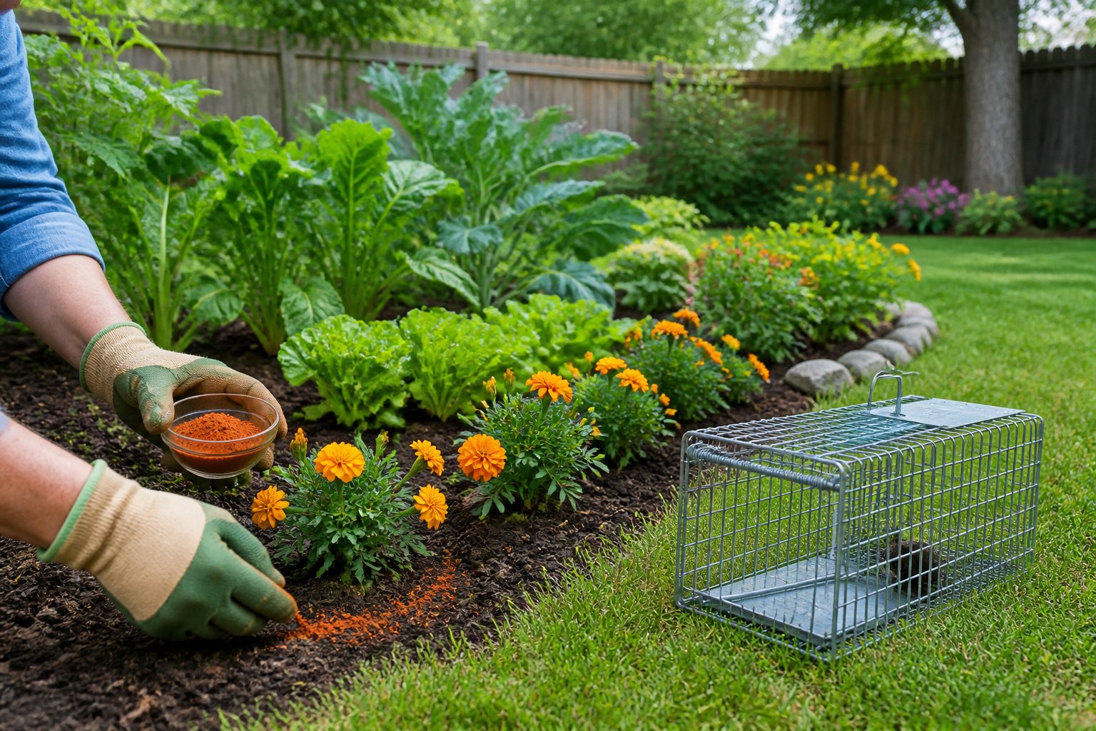 A backyard garden with plants and natural deterrents to prevent chipmunk damage, showing humane wildlife control methods.