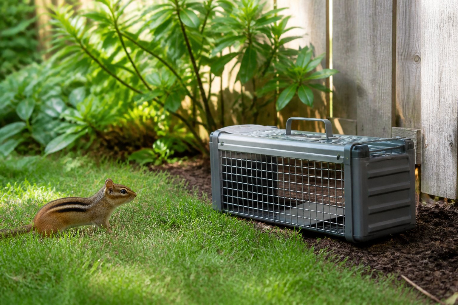 A chipmunk cautiously approaching a humane live trap in a backyard garden.
