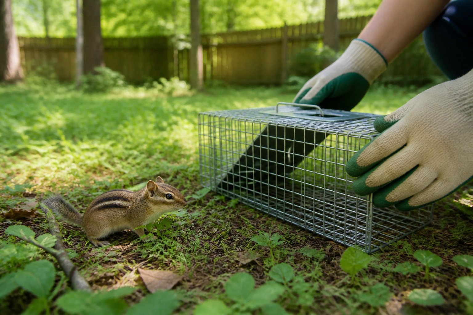 A chipmunk near a humane live trap in a grassy outdoor area with hands handling the trap gently.