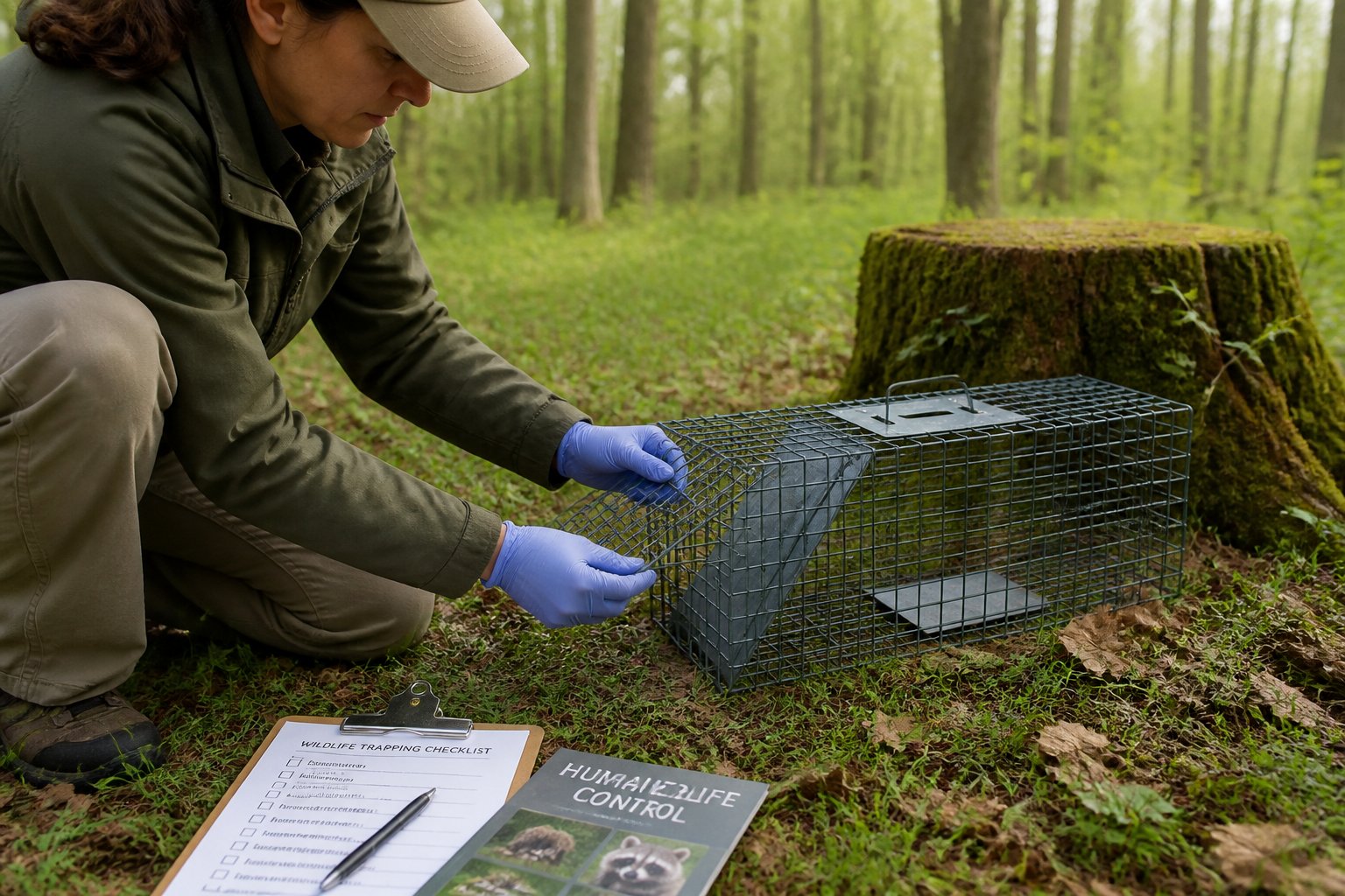 Person inspecting a small live animal trap outdoors in a forest setting with greenery and a clipboard nearby.