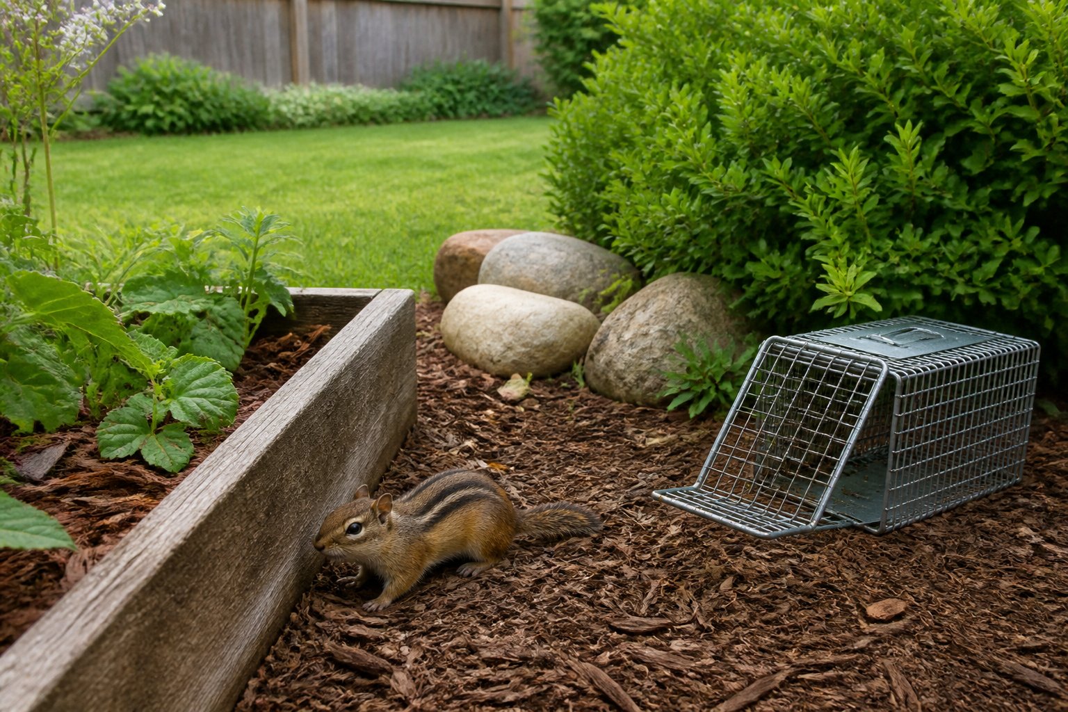 A chipmunk exploring a garden bed with plants and natural barriers in a suburban backyard.
