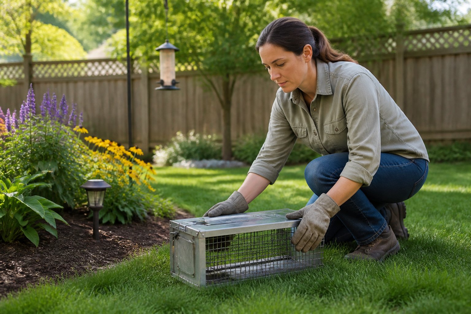 A person setting a humane chipmunk trap in a suburban backyard garden.