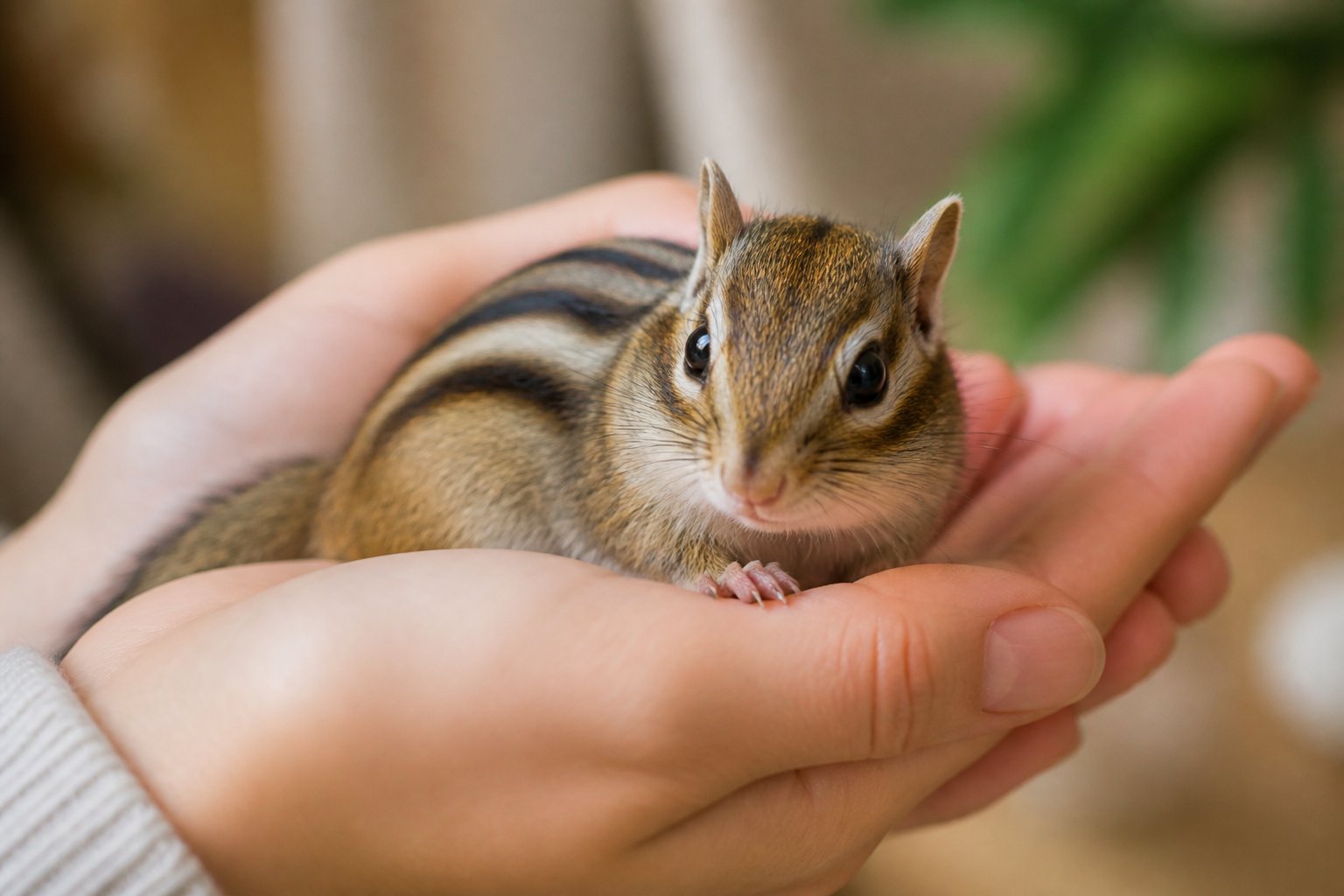 A small chipmunk being gently held in a person's hands indoors.