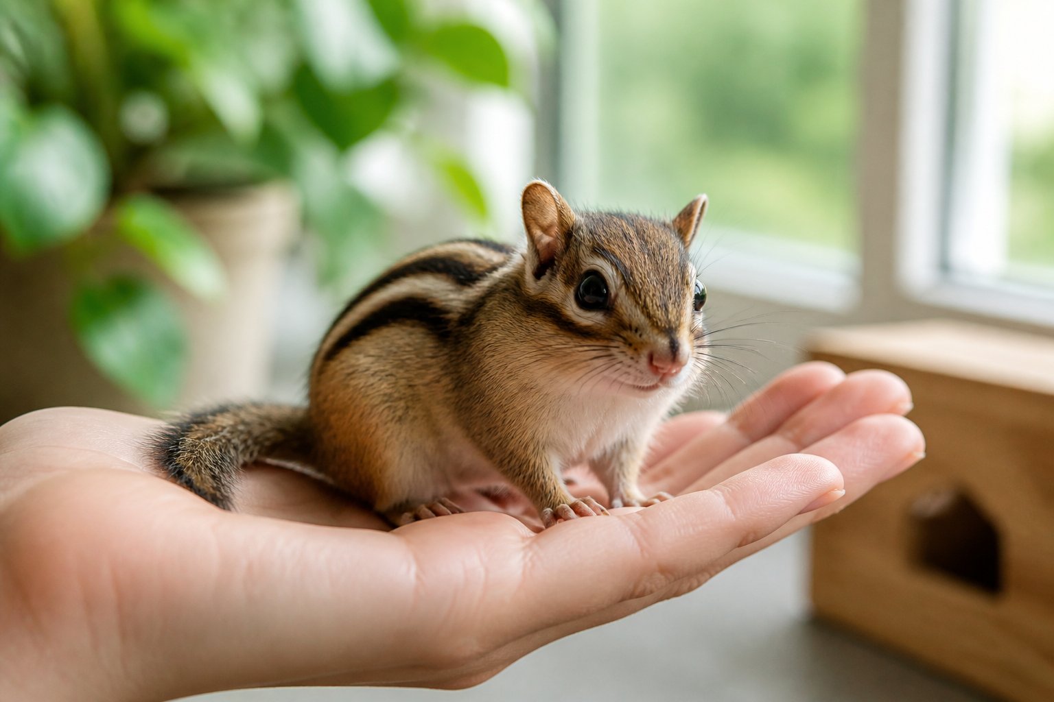 A chipmunk sitting on a person’s open hand indoors with a softly blurred background.