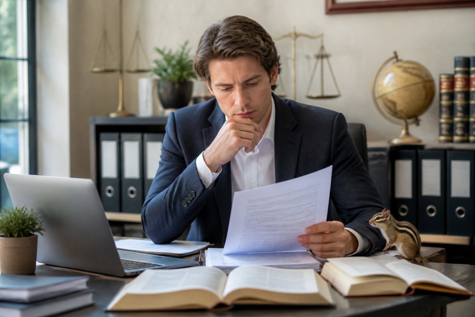 A person reviewing legal documents at a desk with a small chipmunk sitting nearby.