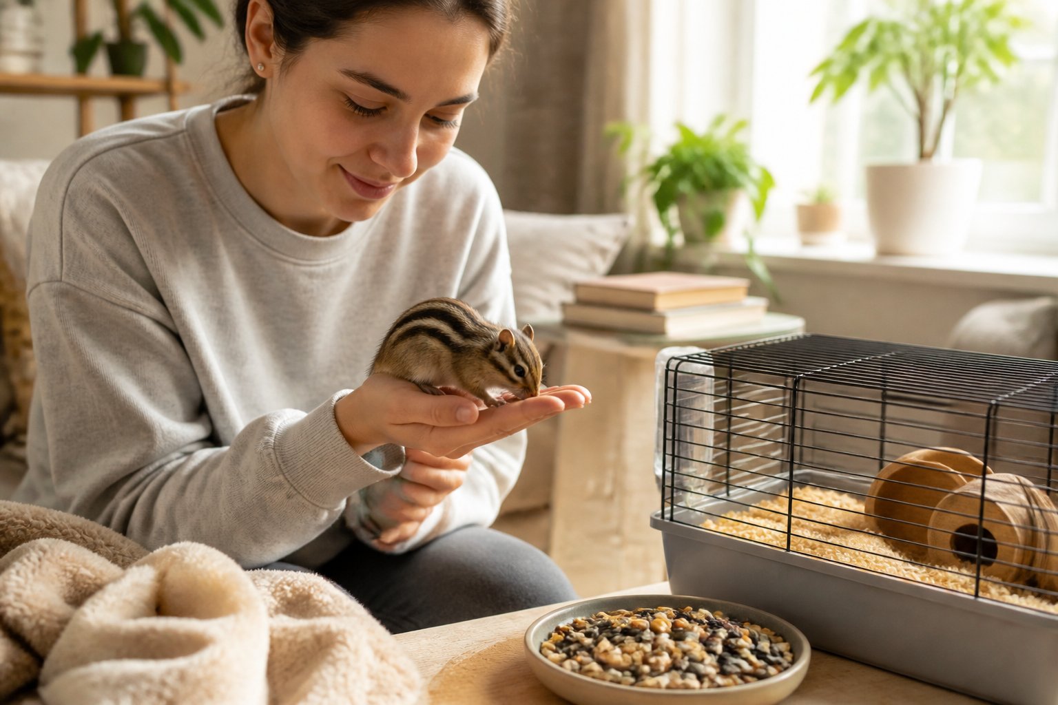A person holding a chipmunk in a cozy living room with a small cage and pet care items nearby.