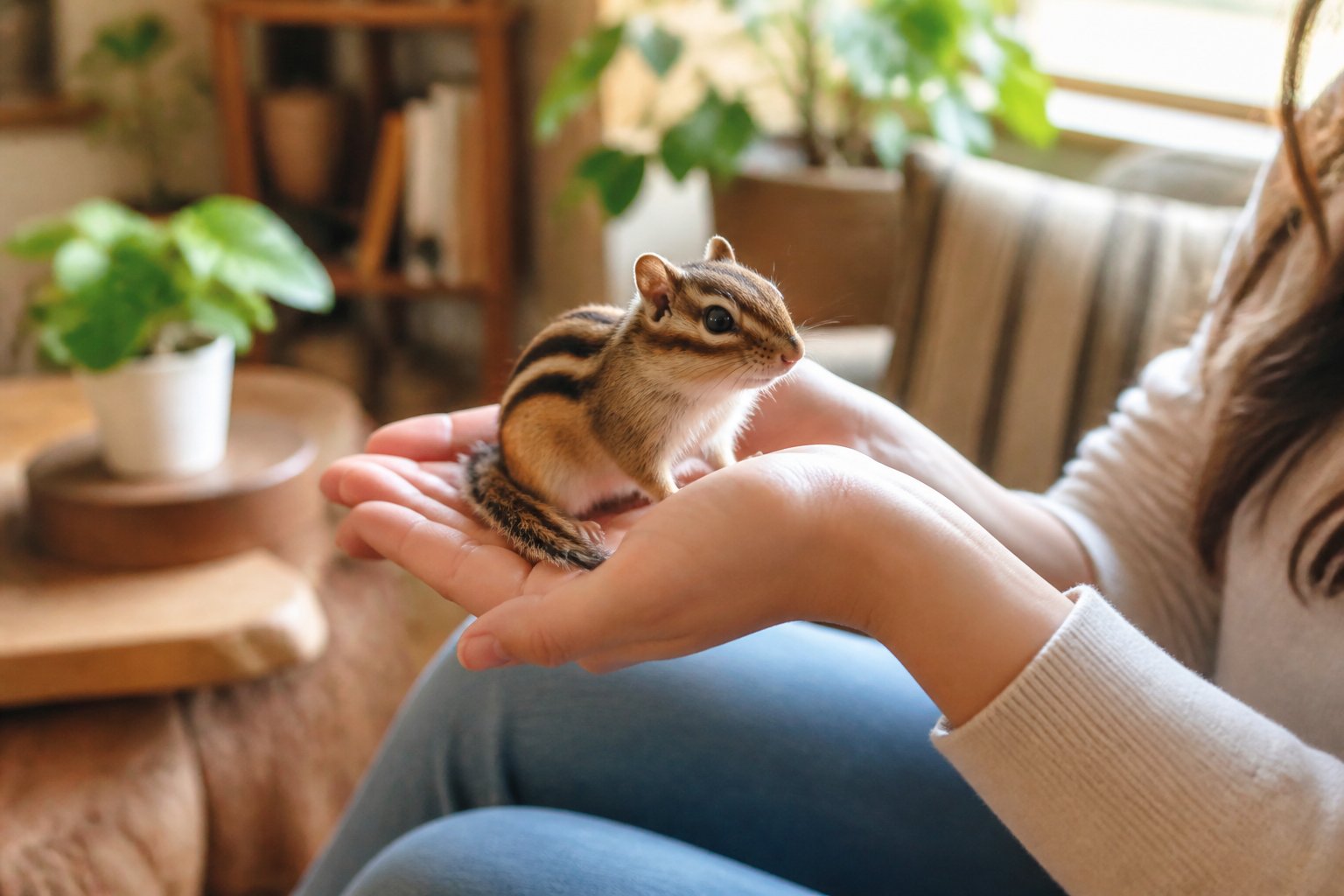 A person gently holding a small chipmunk indoors with plants and wooden furniture in the background.