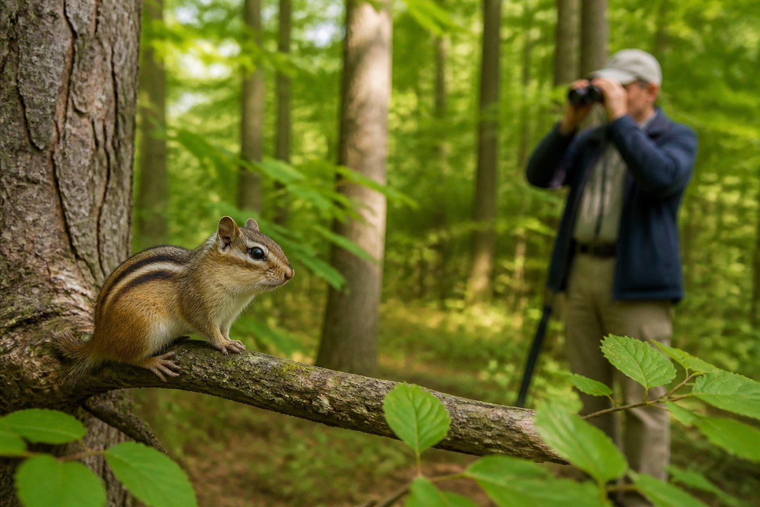 A chipmunk sitting on a tree branch in a green forest with a person observing it from a distance.