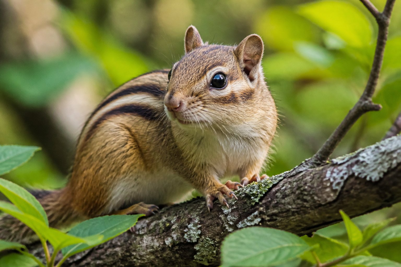 A chipmunk sitting on a tree branch surrounded by green leaves in a forest.
