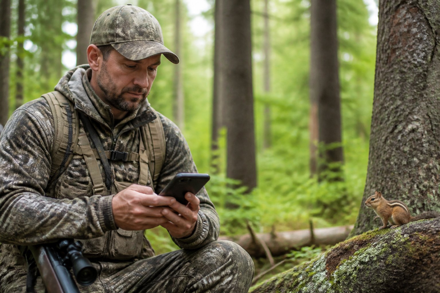 A person outdoors in a forest checking hunting licenses with a chipmunk nearby on a tree trunk.