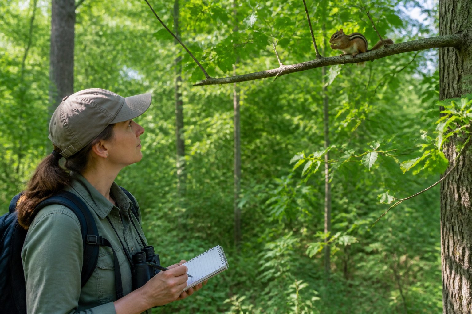 A person observing a chipmunk on a tree branch in a peaceful forest setting.