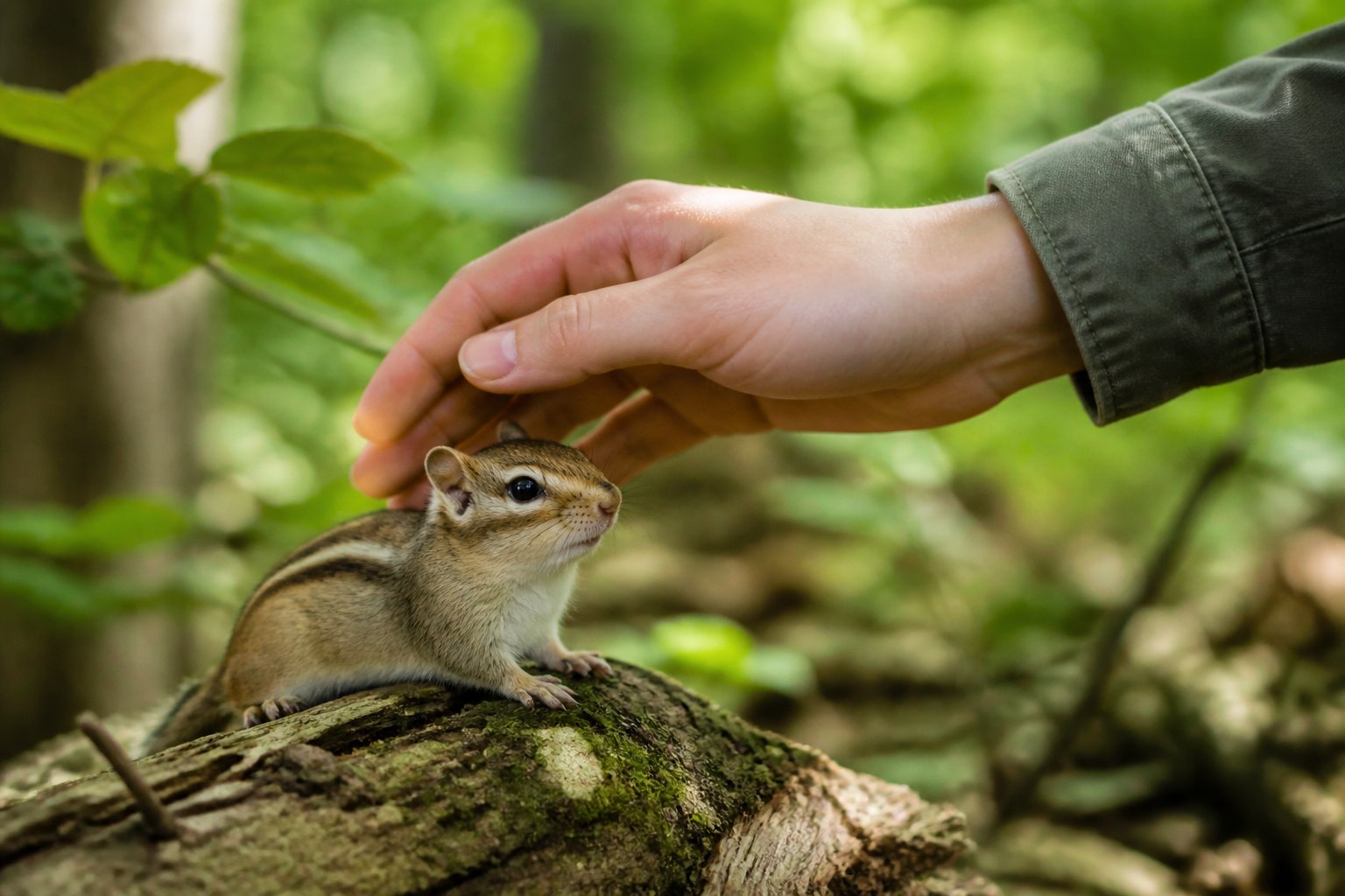 A person gently reaching out to pet a small chipmunk perched on a branch in a natural outdoor setting.